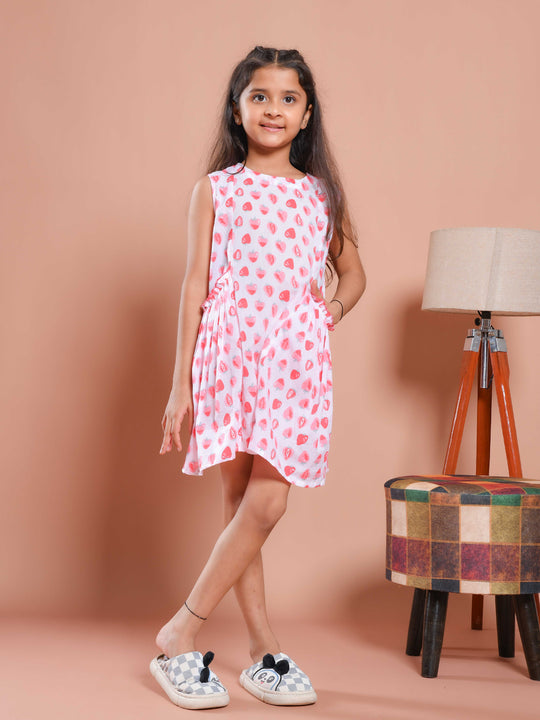 White Strawberry Printed Cotton Dress for Kids
