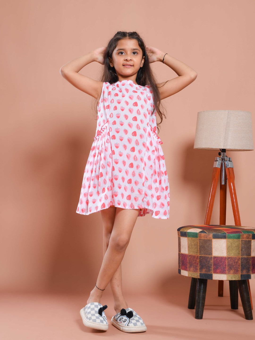 White Strawberry Printed Cotton Dress for Kids