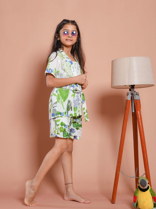 Set of 3 Floral Printed White Kids Night Suit Set