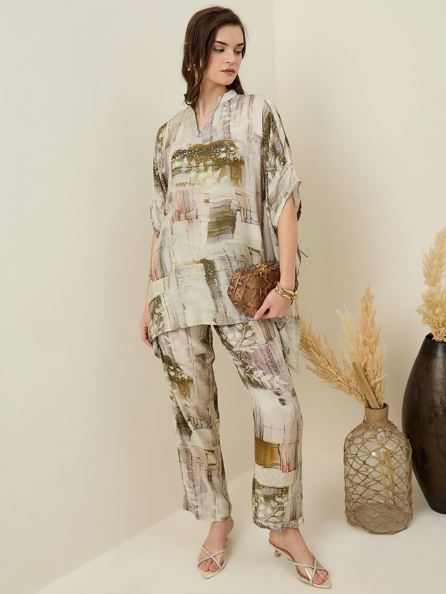Cream V-Neck Viscose Rayon Printed Co-ords Set for Women