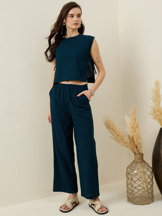 Set of 3 Blue Solid Cotton Co-ords Set for Women