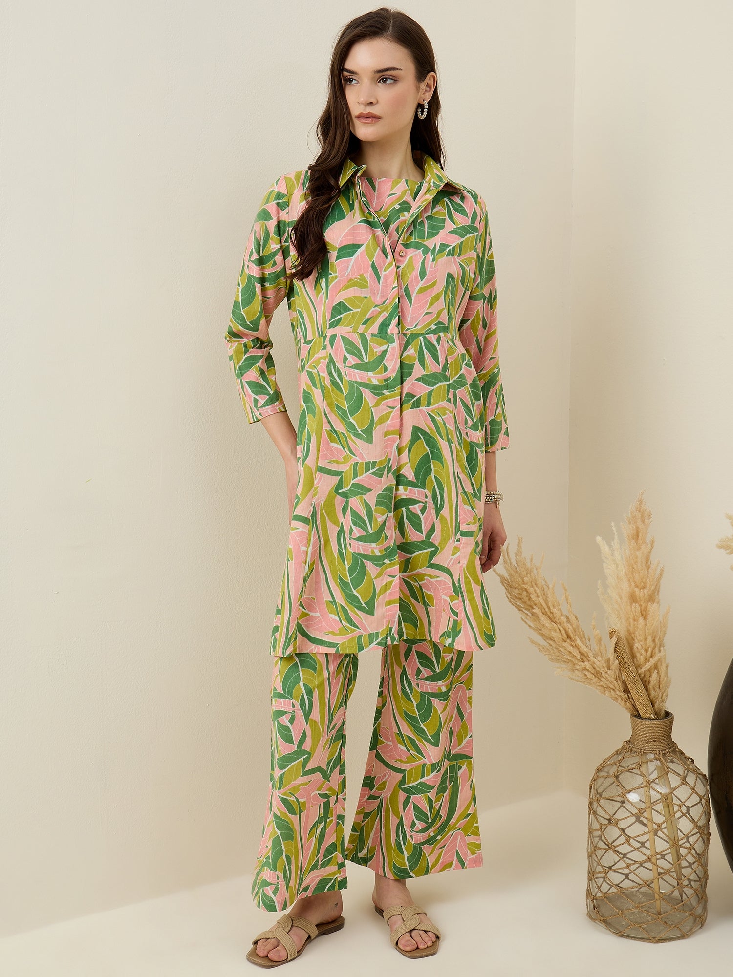 Multicolor Leaf Printed Cotton  Co-ord Set for Women