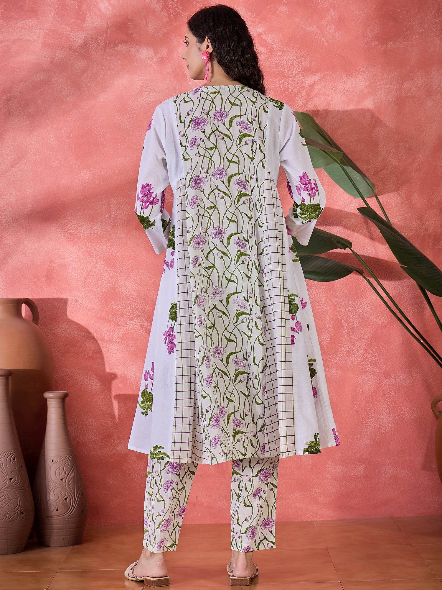 Off White Pure Cotton Round Neck Floral Kurta Set For Women
