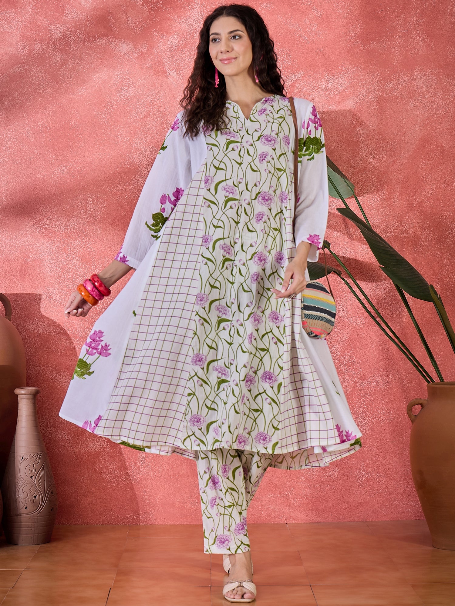 Off White Pure Cotton Round Neck Floral Kurta Set For Women