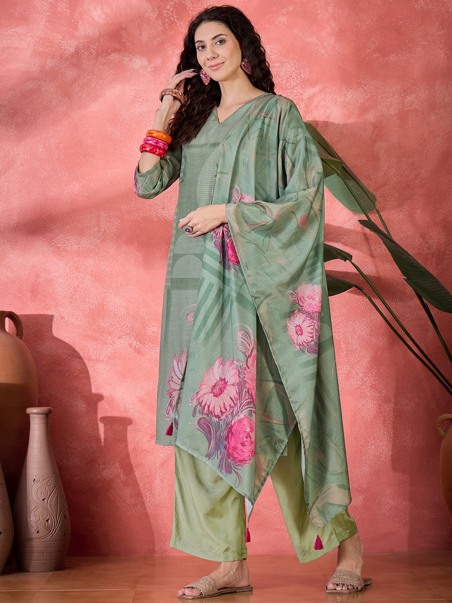 Green Art Silk V-Neck Floral Kurta Set For Women