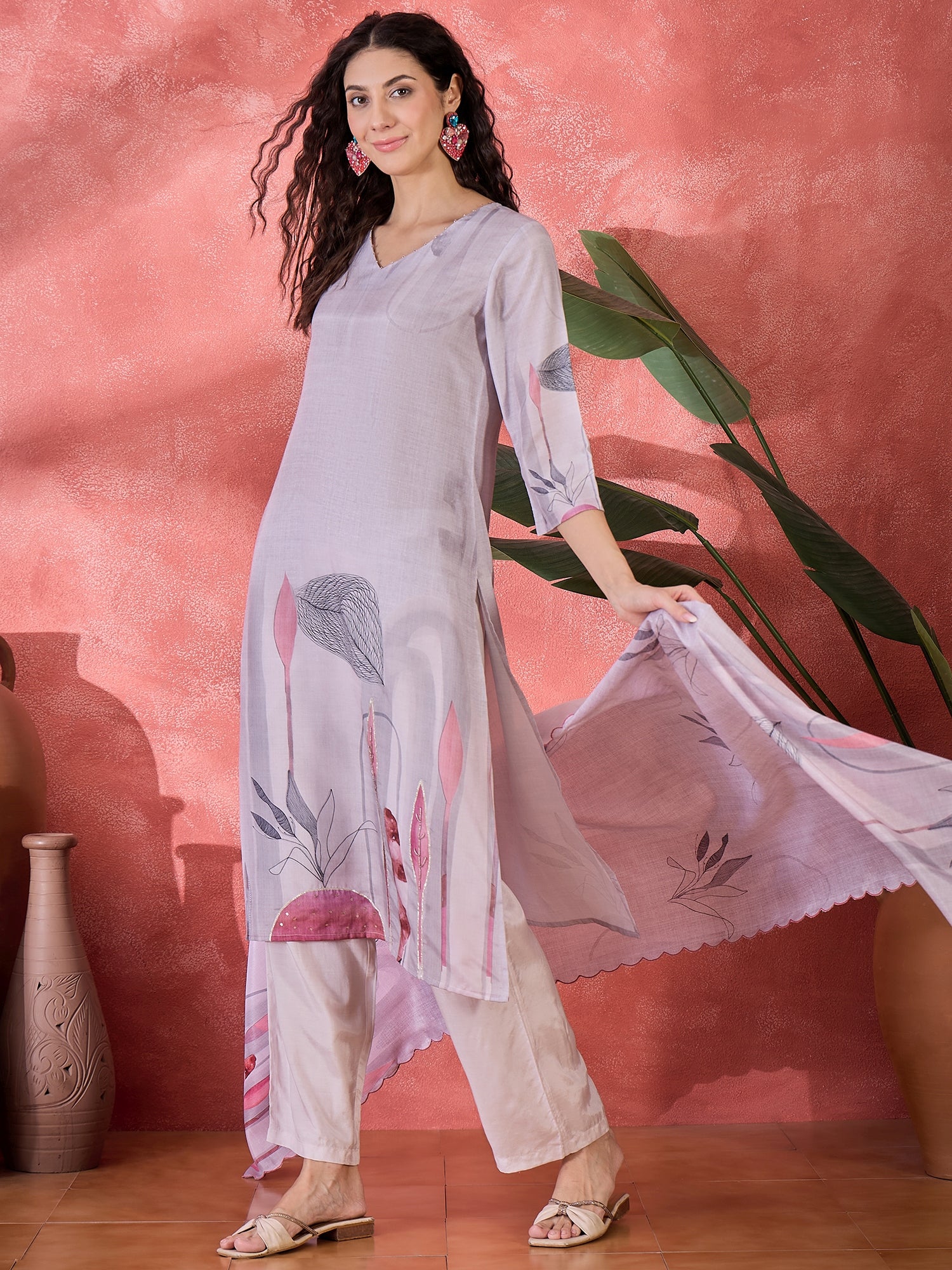 Pink Art Silk V-Neck Floral Kurta Set For Women