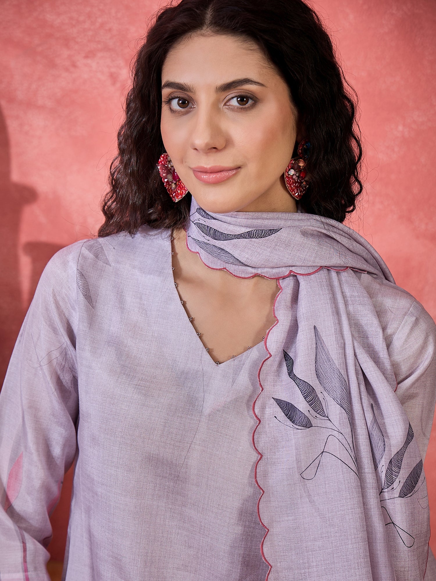 Pink Art Silk V-Neck Floral Kurta Set For Women
