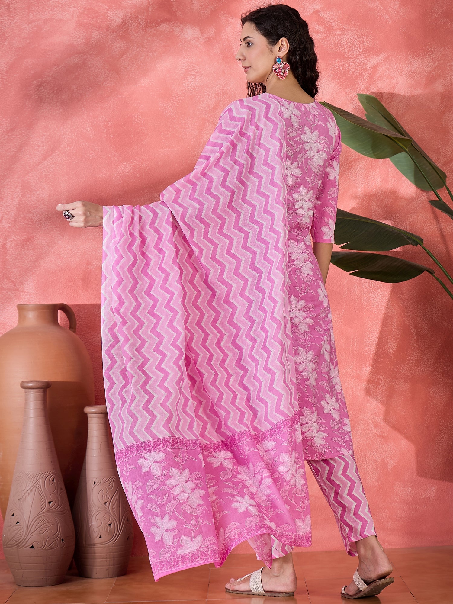 Pink Pure Cotton Round Neck Floral Kurta Set For Women