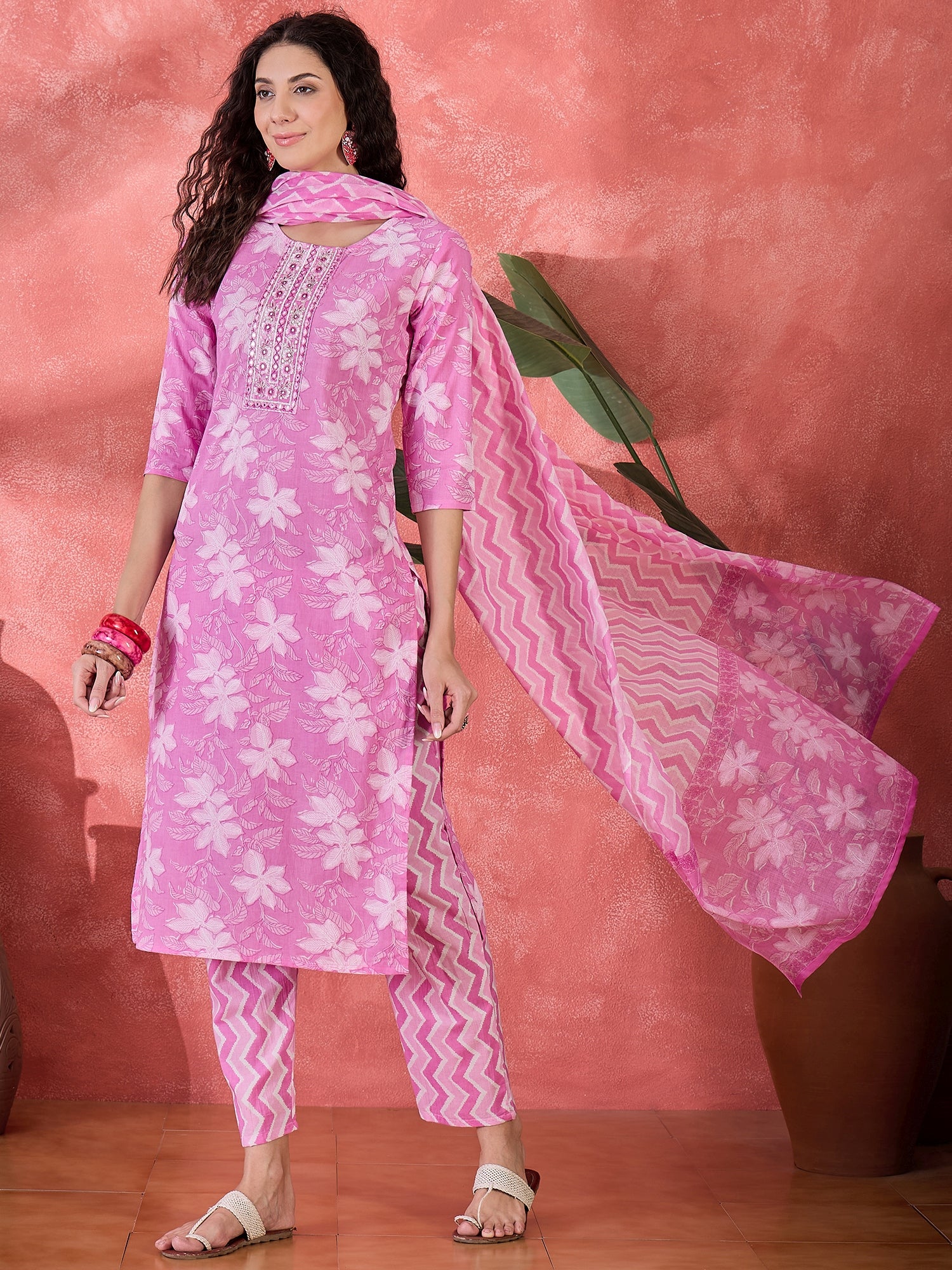 Pink Pure Cotton Round Neck Floral Kurta Set For Women