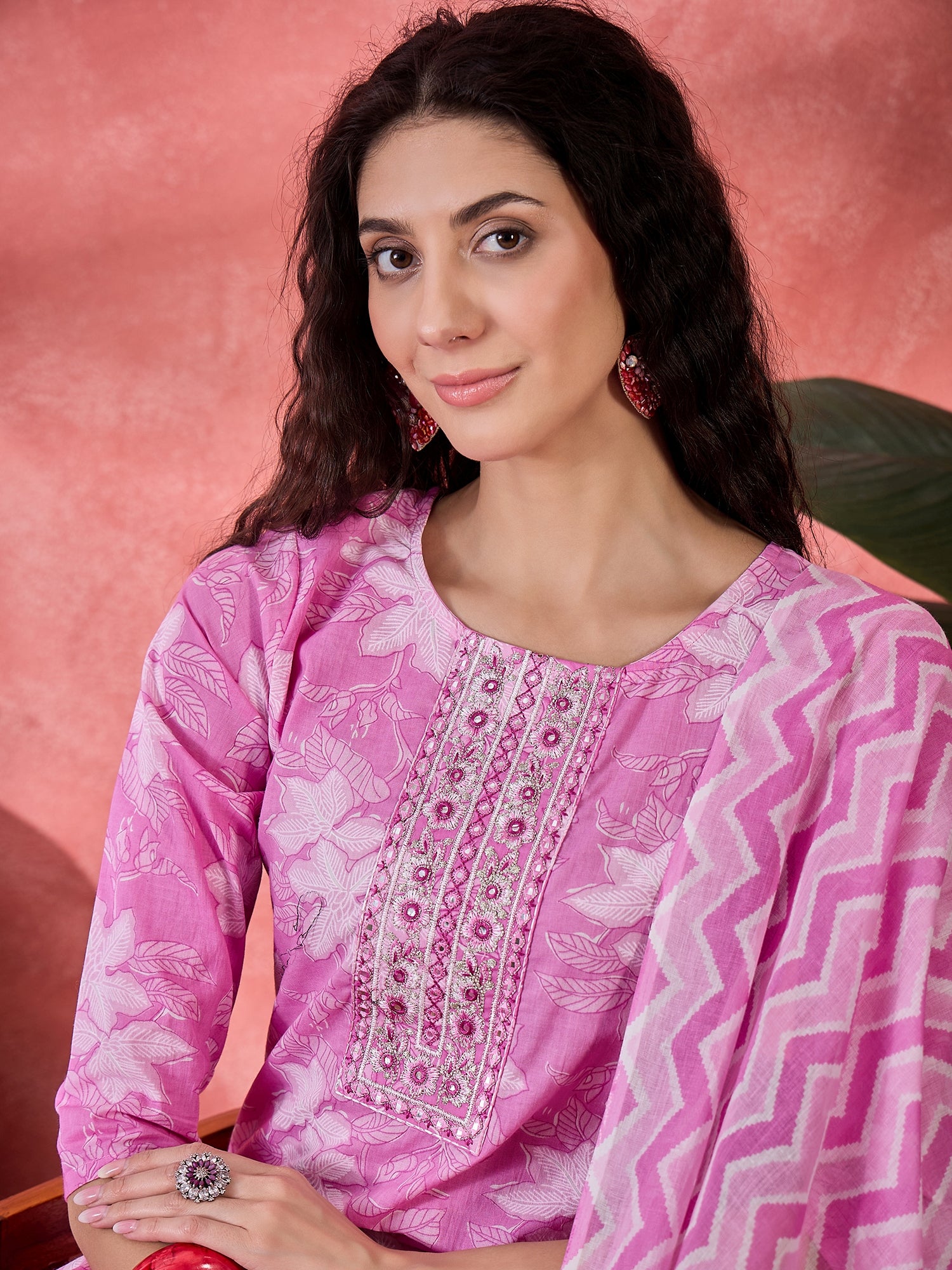 Pink Pure Cotton Round Neck Floral Kurta Set For Women