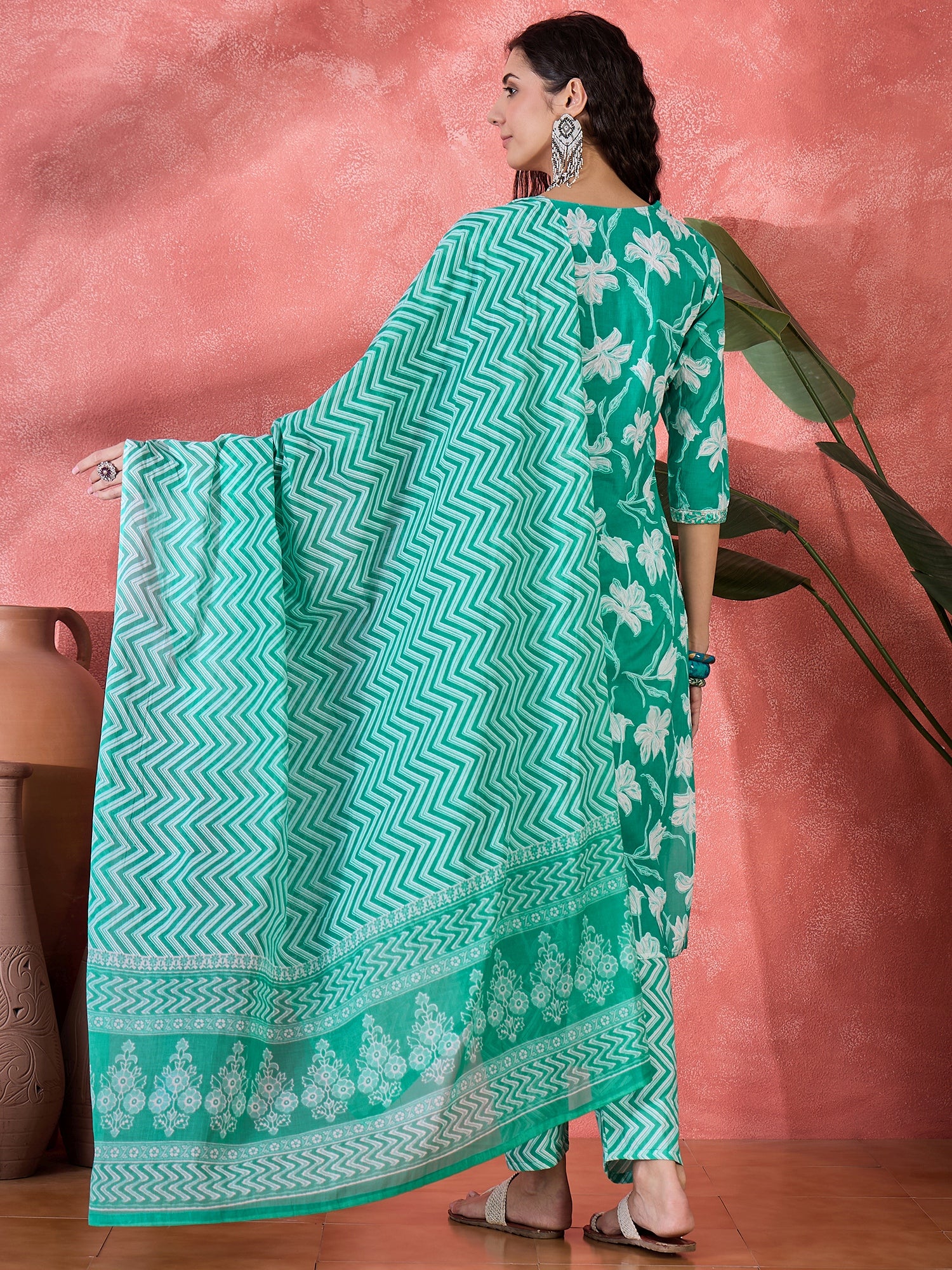 Sea Green Pure Cotton V-Neck Floral Kurta Set For Women