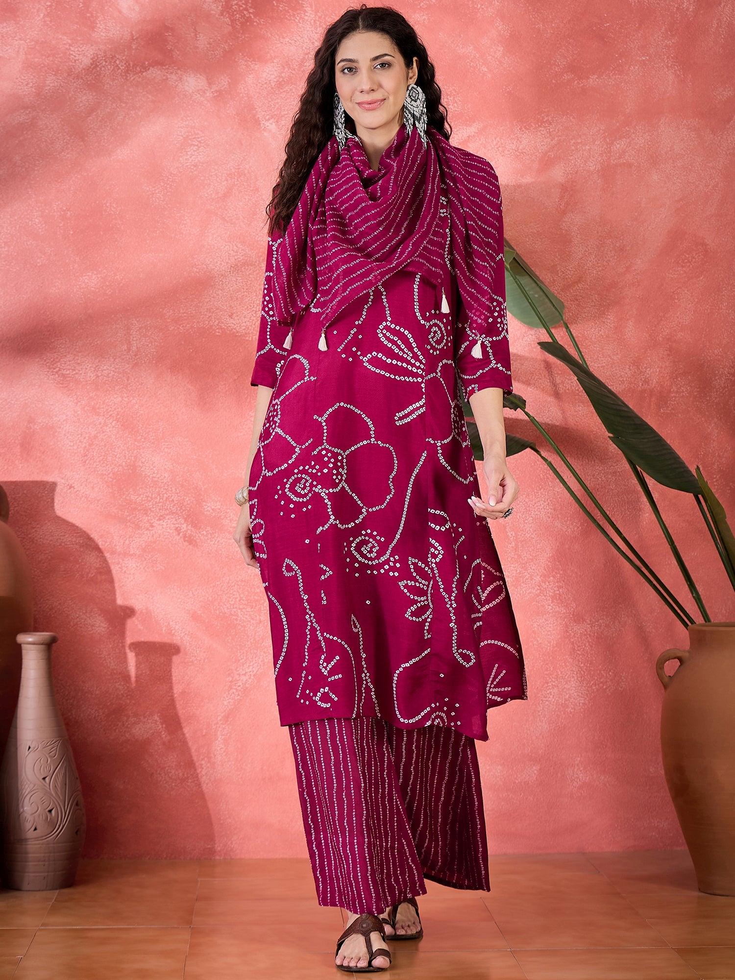 Brown Pure Cotton Calf Length Round Neck Kurta Set For Women