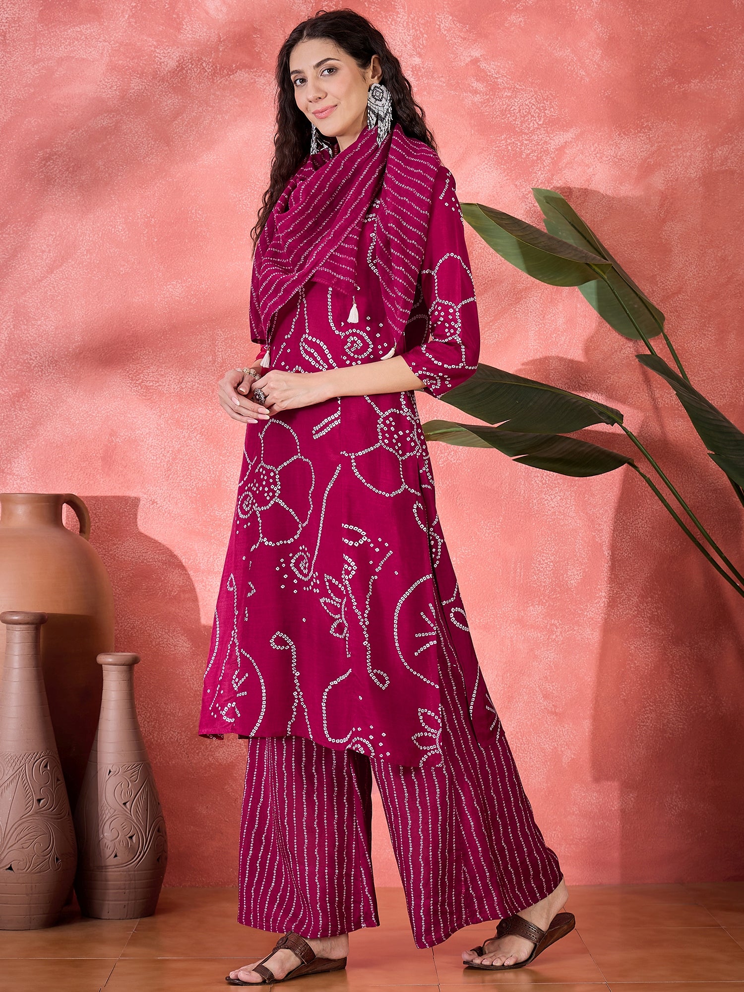 Brown Pure Cotton Calf Length Round Neck Kurta Set For Women