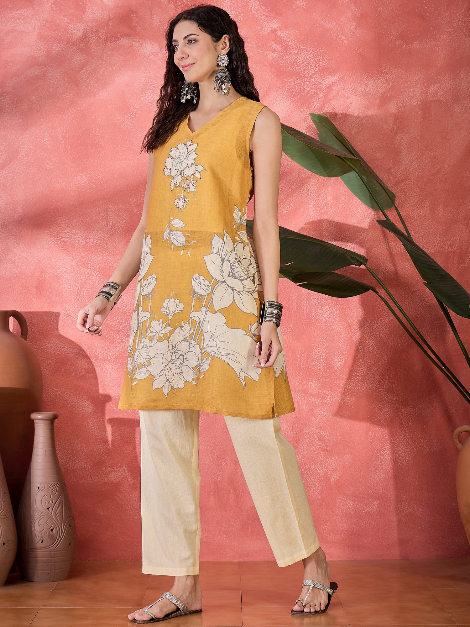 Mustard Floral Printed V-Neck Cotton Co-Ord Set For Women