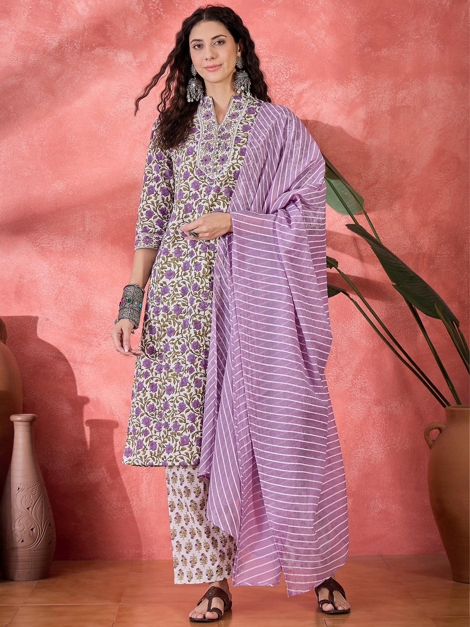 Off White Pure Cotton Mandarin Collar Floral Kurta Set For Women