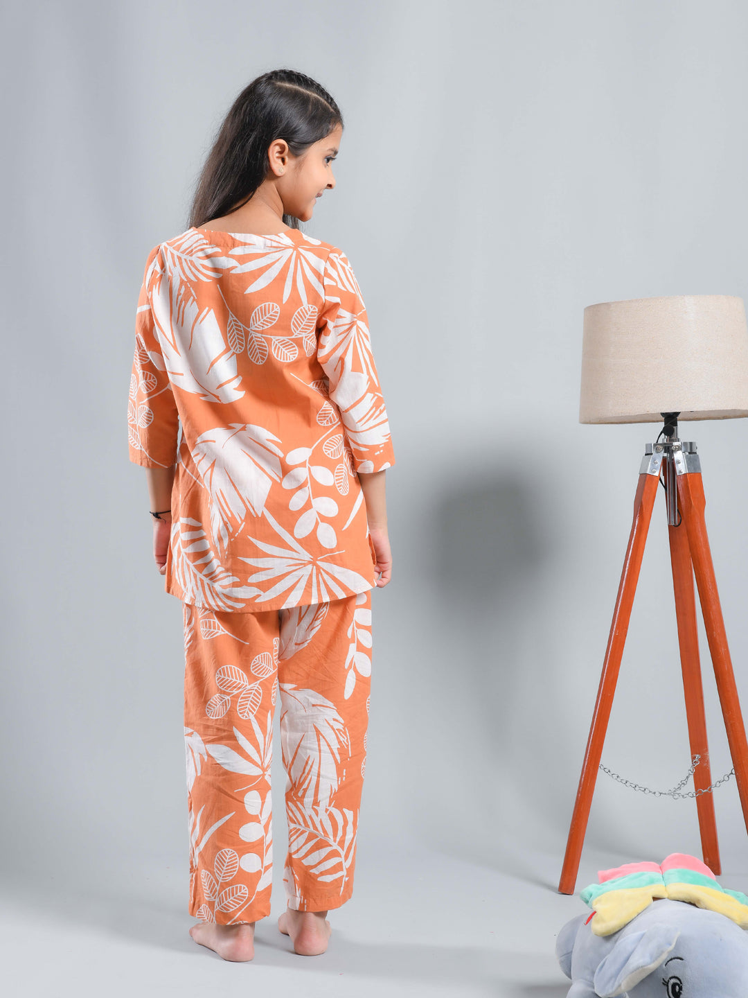 Orange Floral Printed Round Neck Kids Night Suit