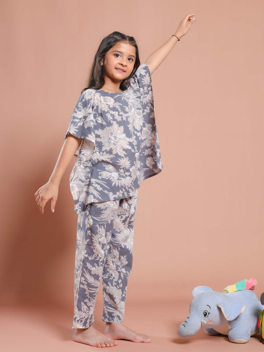 Grey Floral Printed Kaftan Night Suit for Kids
