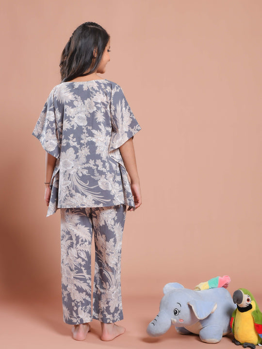 Grey Floral Printed Kaftan Night Suit for Kids