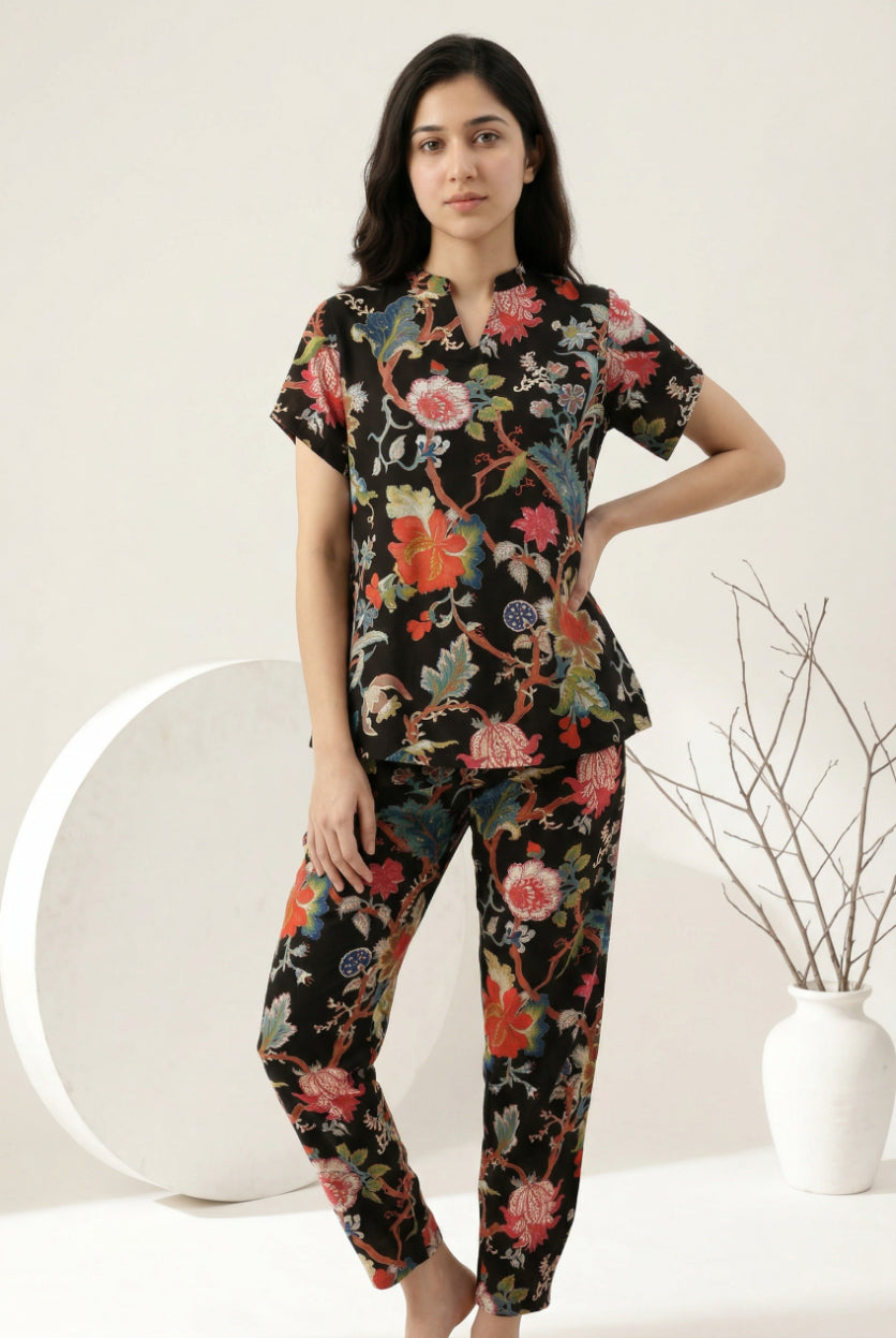 Black Floral Print Round Neck Cotton Night Suit For Women