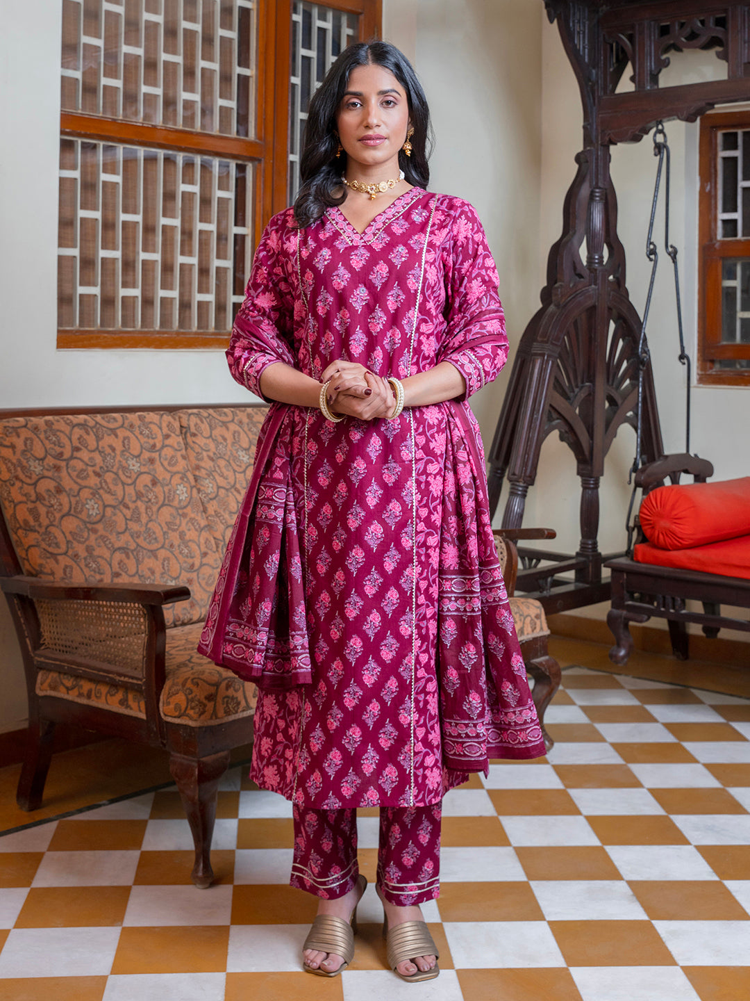 Women set of Pure Cotton 3 pcs Maroon Colour Straight Printed Kurta Sets