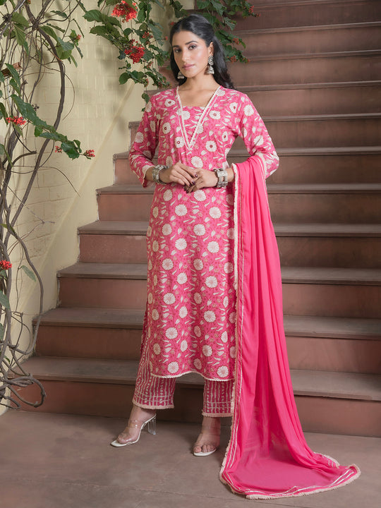 Floral Printed Pure Cotton Straight Kurta With Trousers & Dupatta