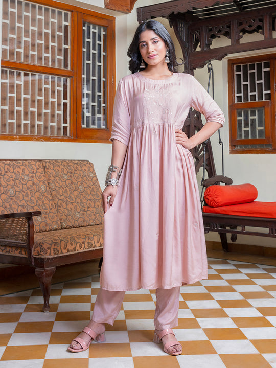Pink Solid Print Cotton Kurta Set