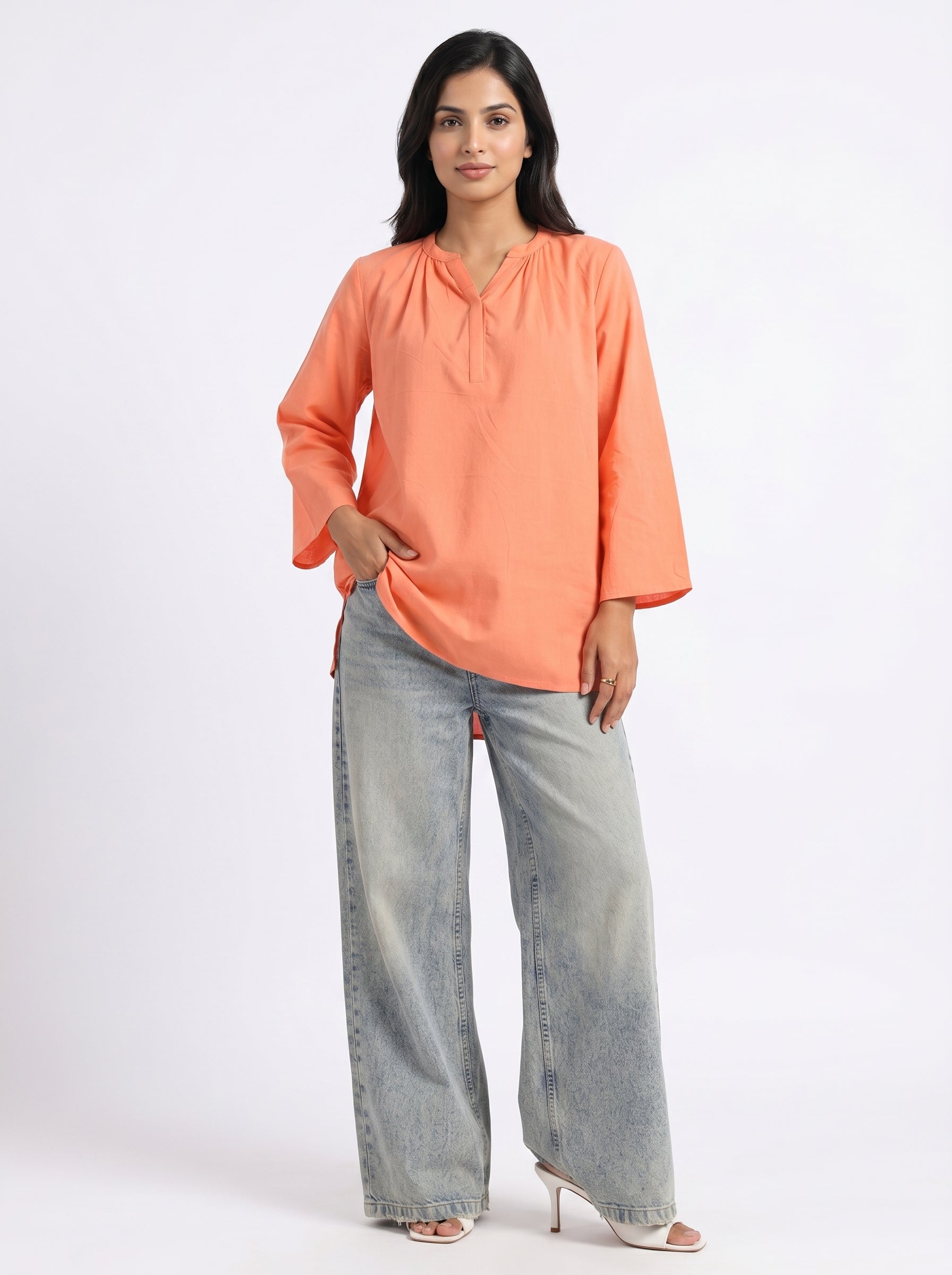 Orange Solid Mandarin Collar Pure Cotton Top For Women