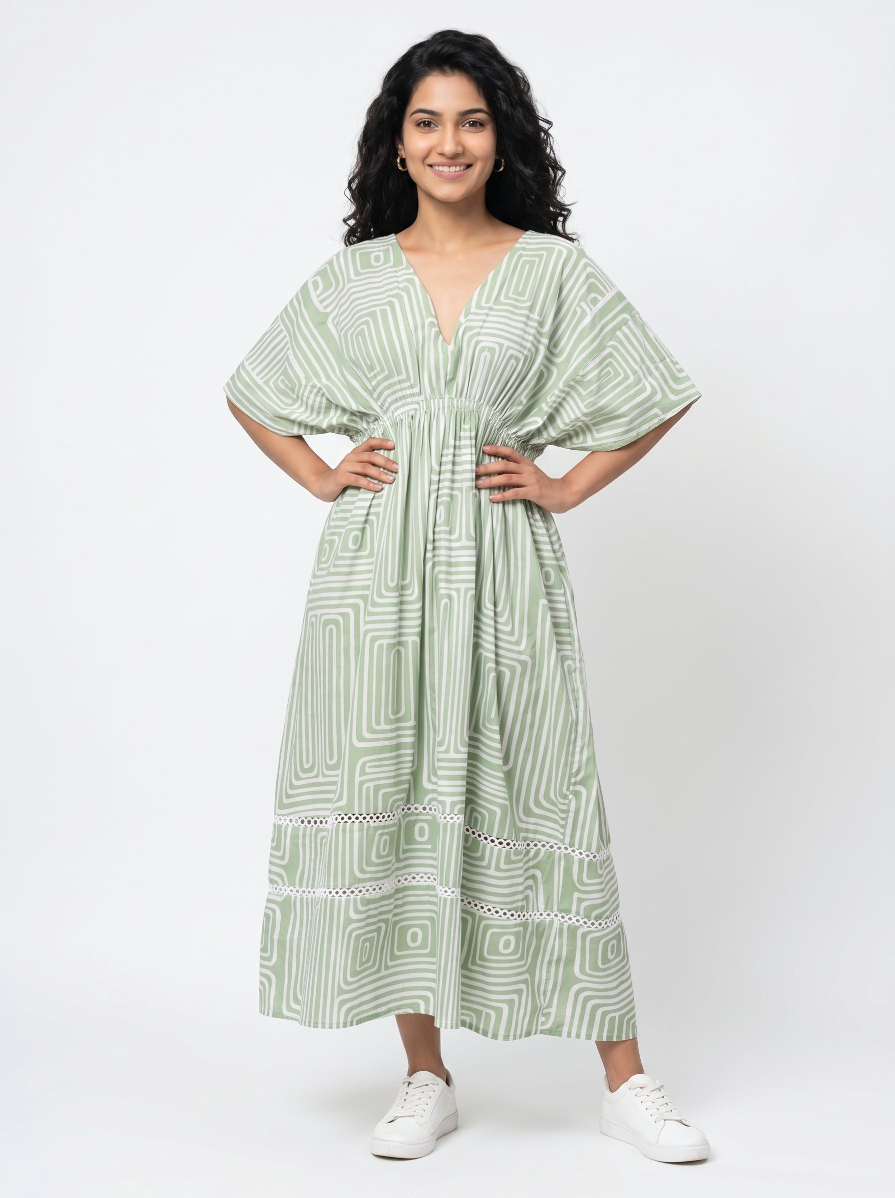 Off White Abstract Print V-Neck Flared Cotton Dress For Women