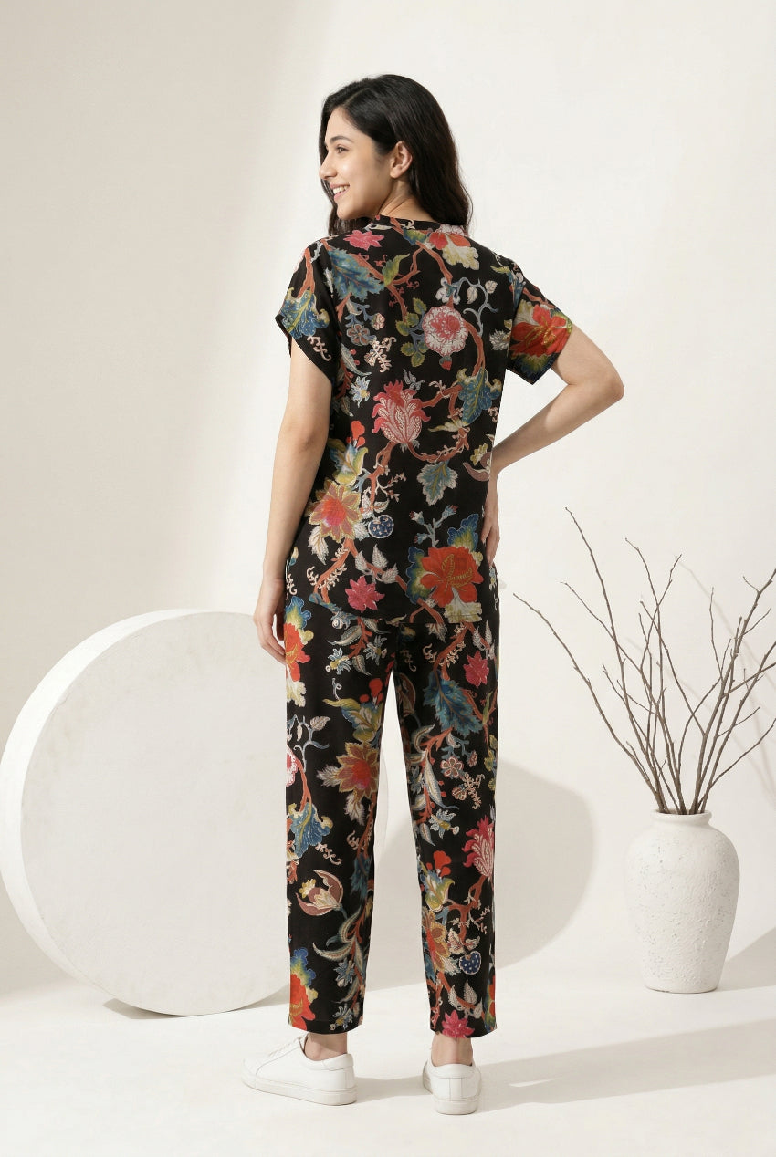 Black Floral Print Round Neck Cotton Night Suit For Women