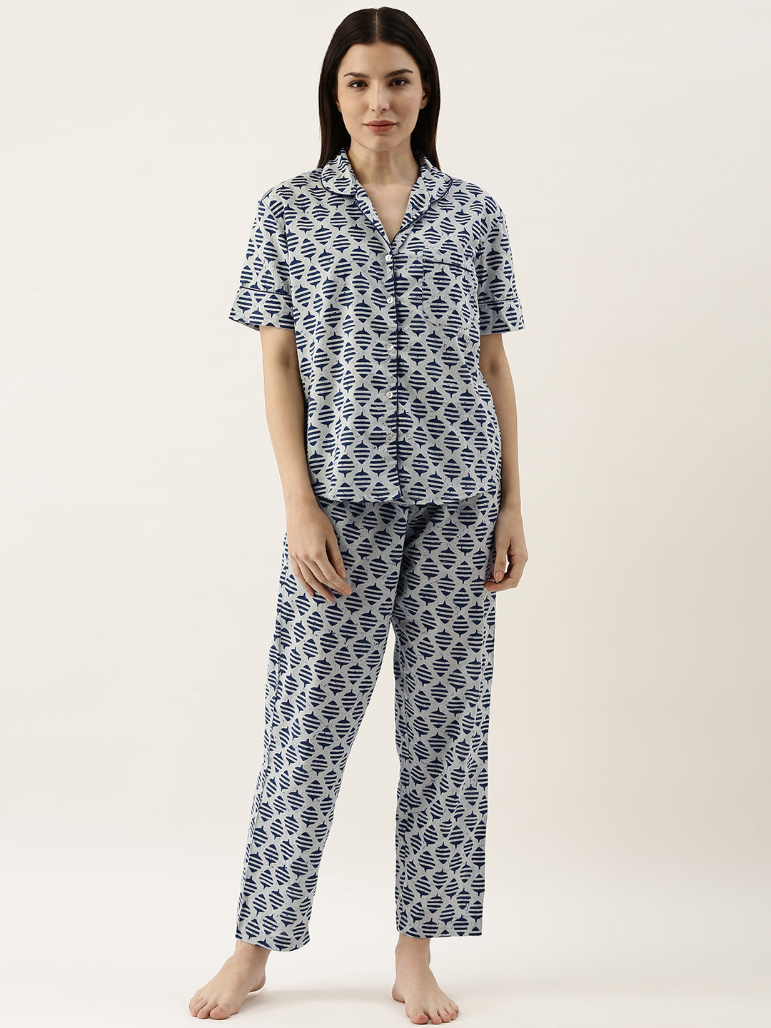 Blue Printed Lapel Collar Pure Cotton Pyjama Night Suit For Women