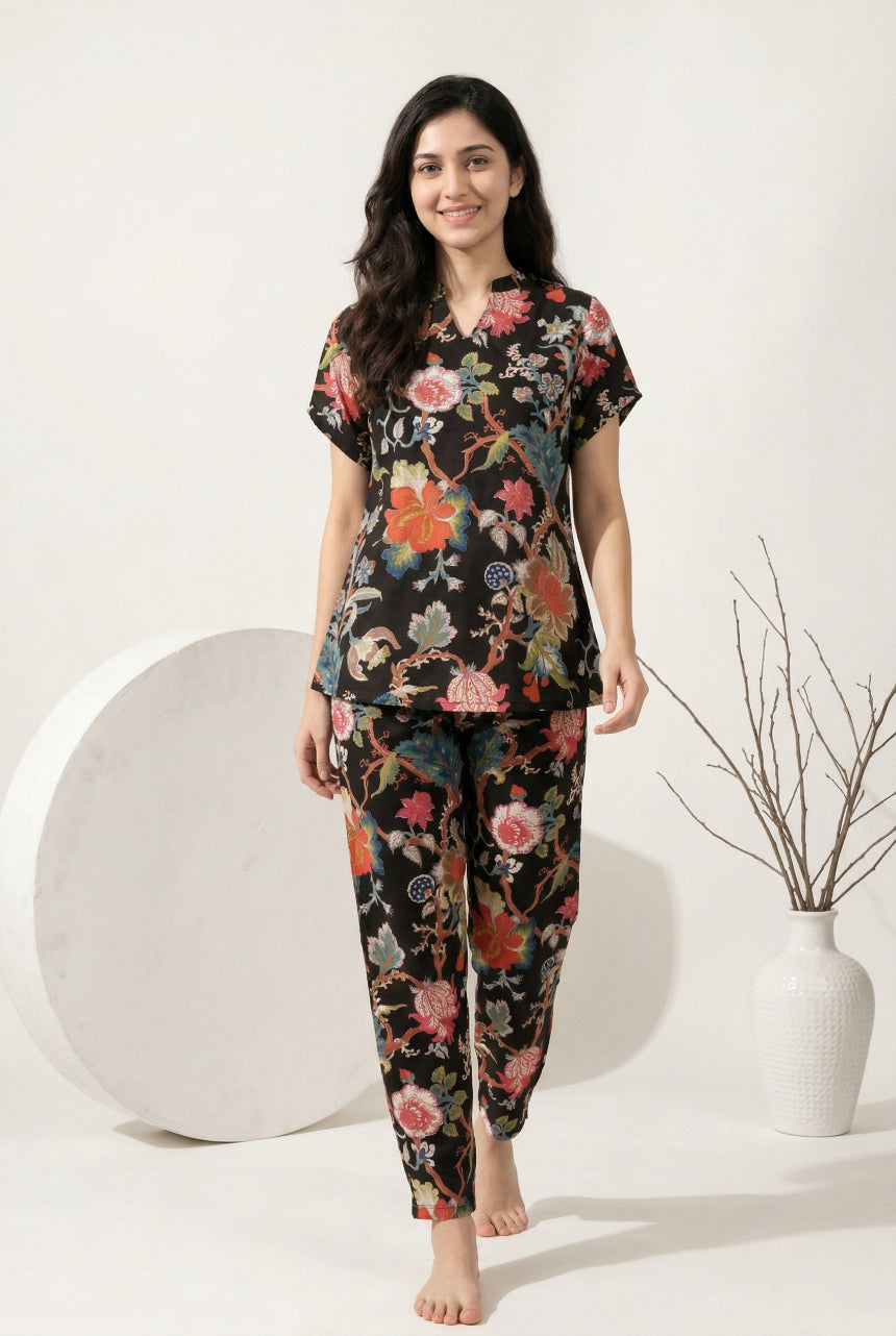 Black Floral Print Round Neck Cotton Night Suit For Women