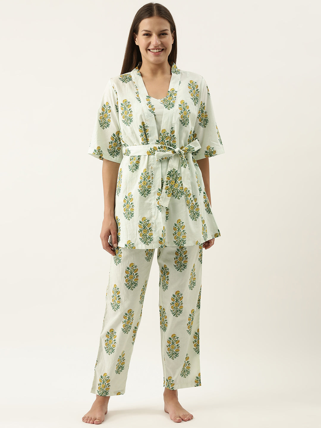 White/Green Cotton Printed Night Suit Shrug Set