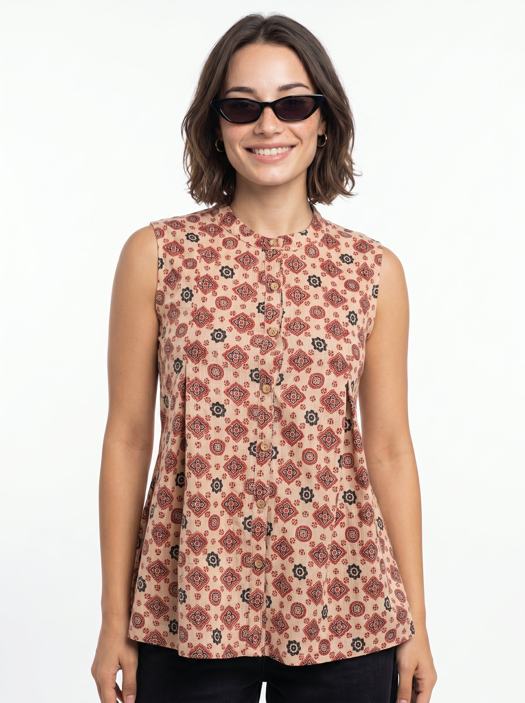 Brown Round Neck Cotton Floral Top for Women