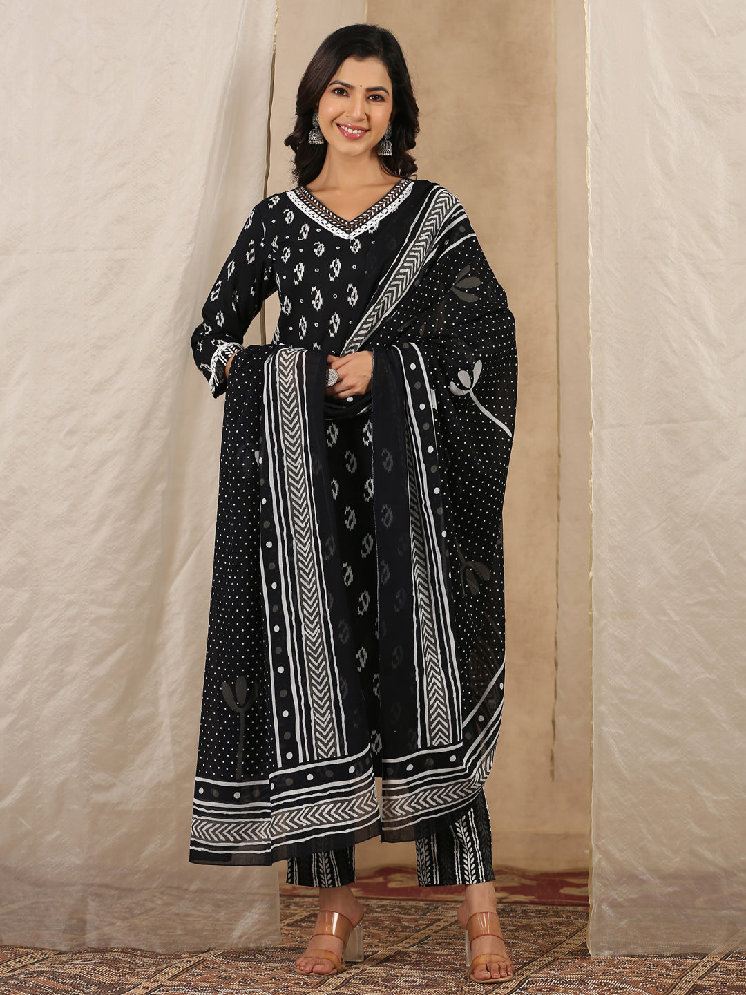 Black V-Neck Ethnic Motifs Print Pure Cotton Kurta With Trousers & Dupatta