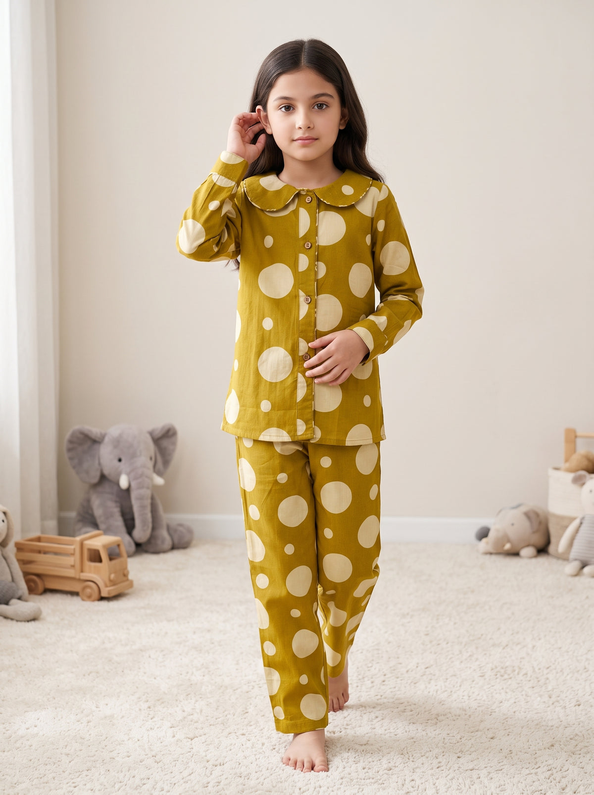 Mustard Round Neck Polka Dot Pure Cotton Night Suit For Kids