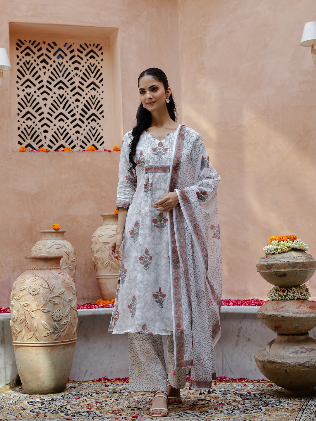 Set Of 3 Floral Printed Cotton Kurta Set