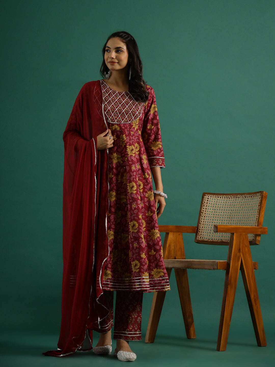 Maroon Pure Cotton Round Neck Printed Kurta Set For Women