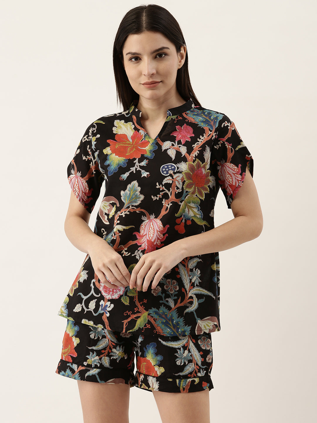 Black Cotton Printed Night Suit Set