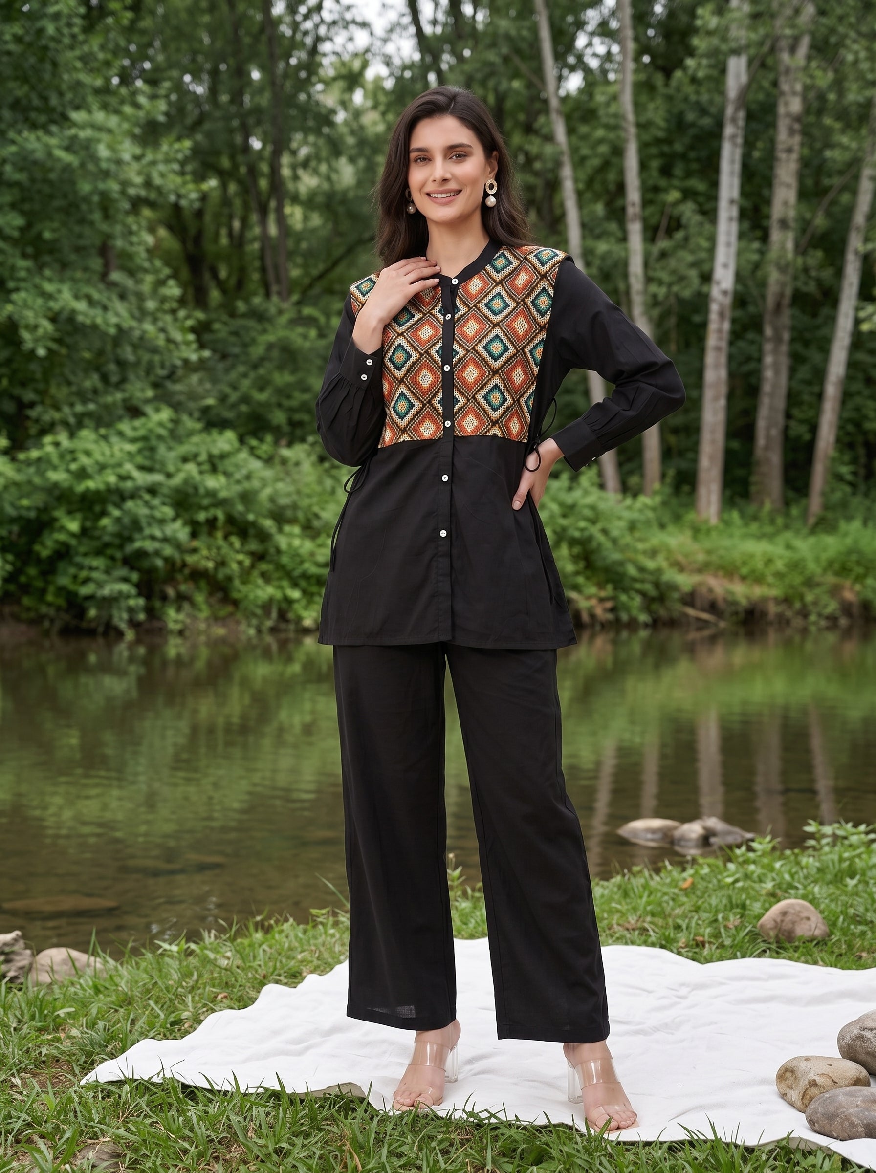 Black Solid Round Neck Pure Cotton Co-Ord Set For Women