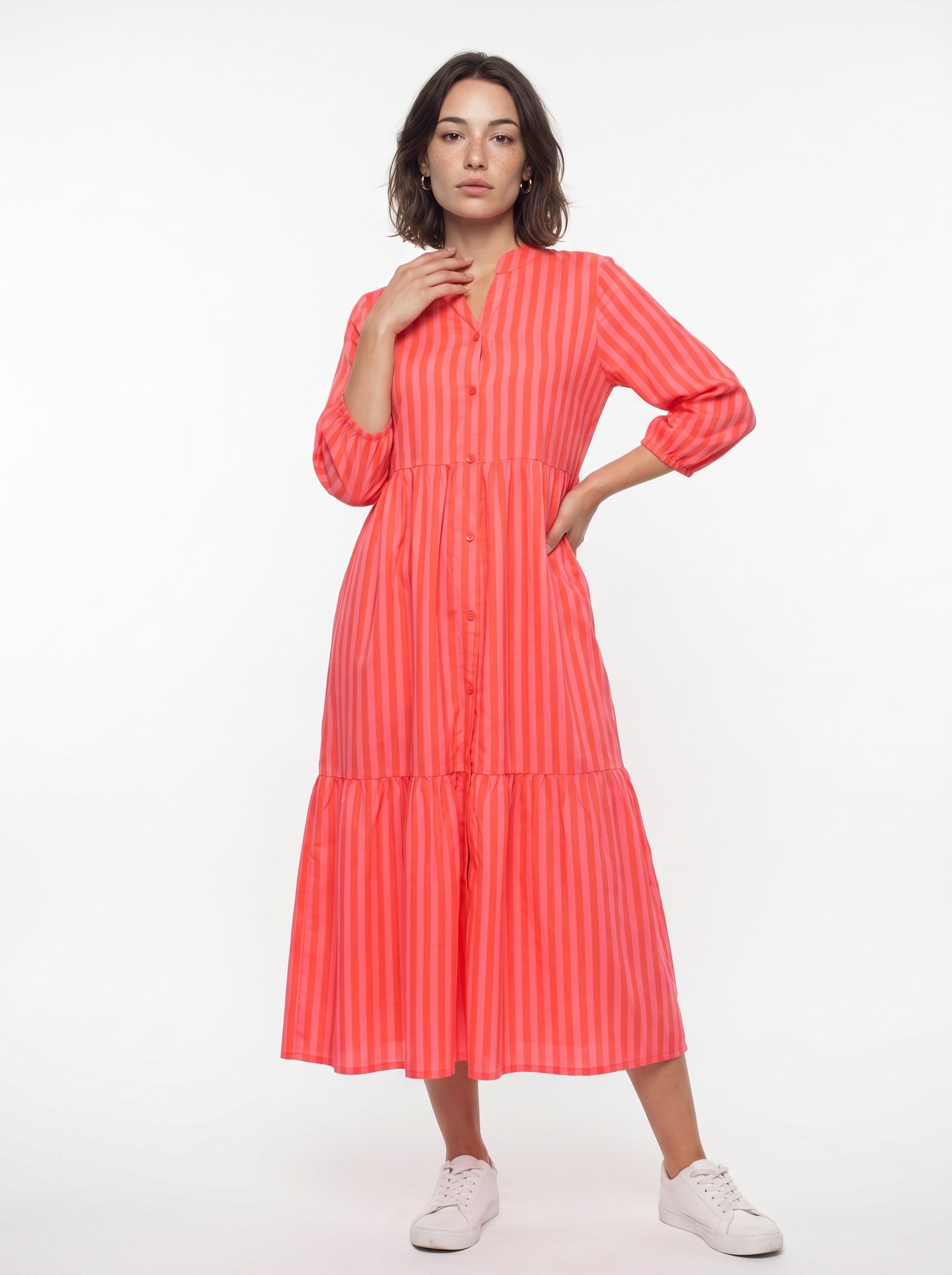 Pink Round Neck Striped Flared Cotton Dress For Women