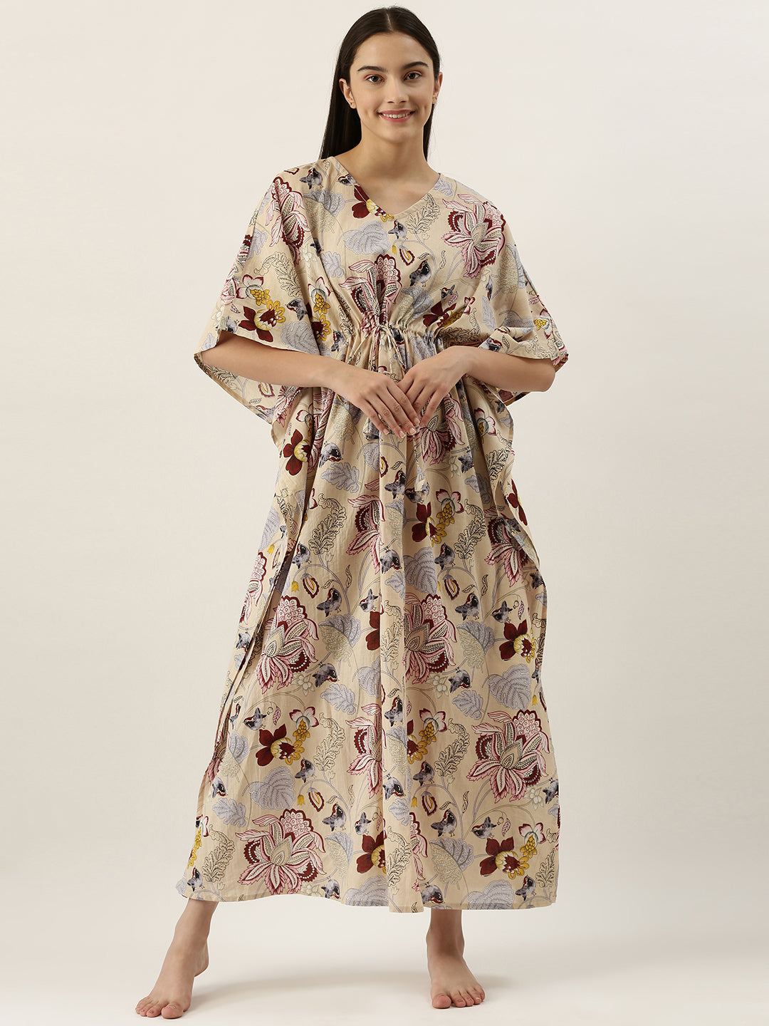 Beige Cotton Printed Kaftan Maxi Dress