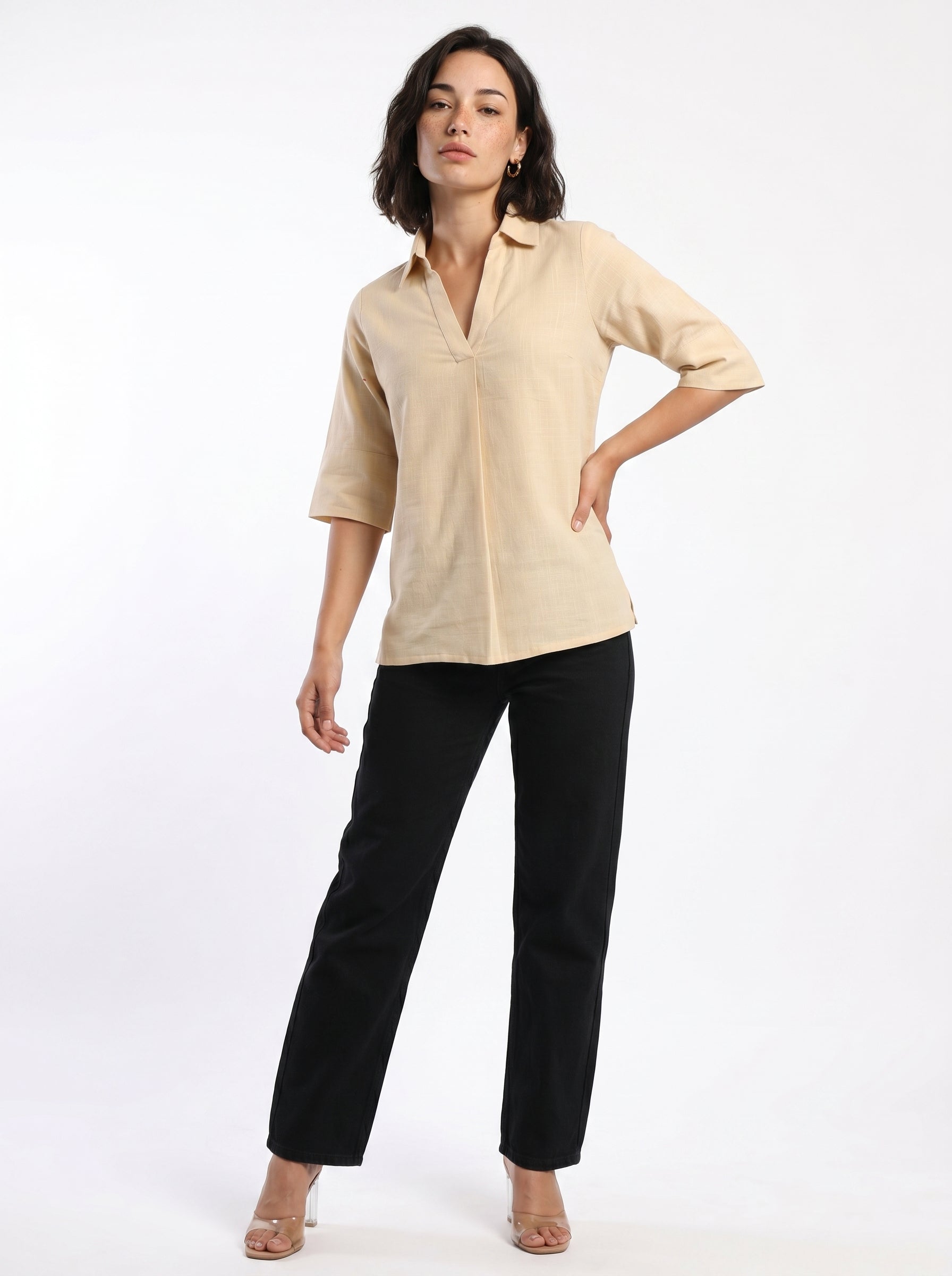 Beige Shirt Collar Solid Cotton Top For Women