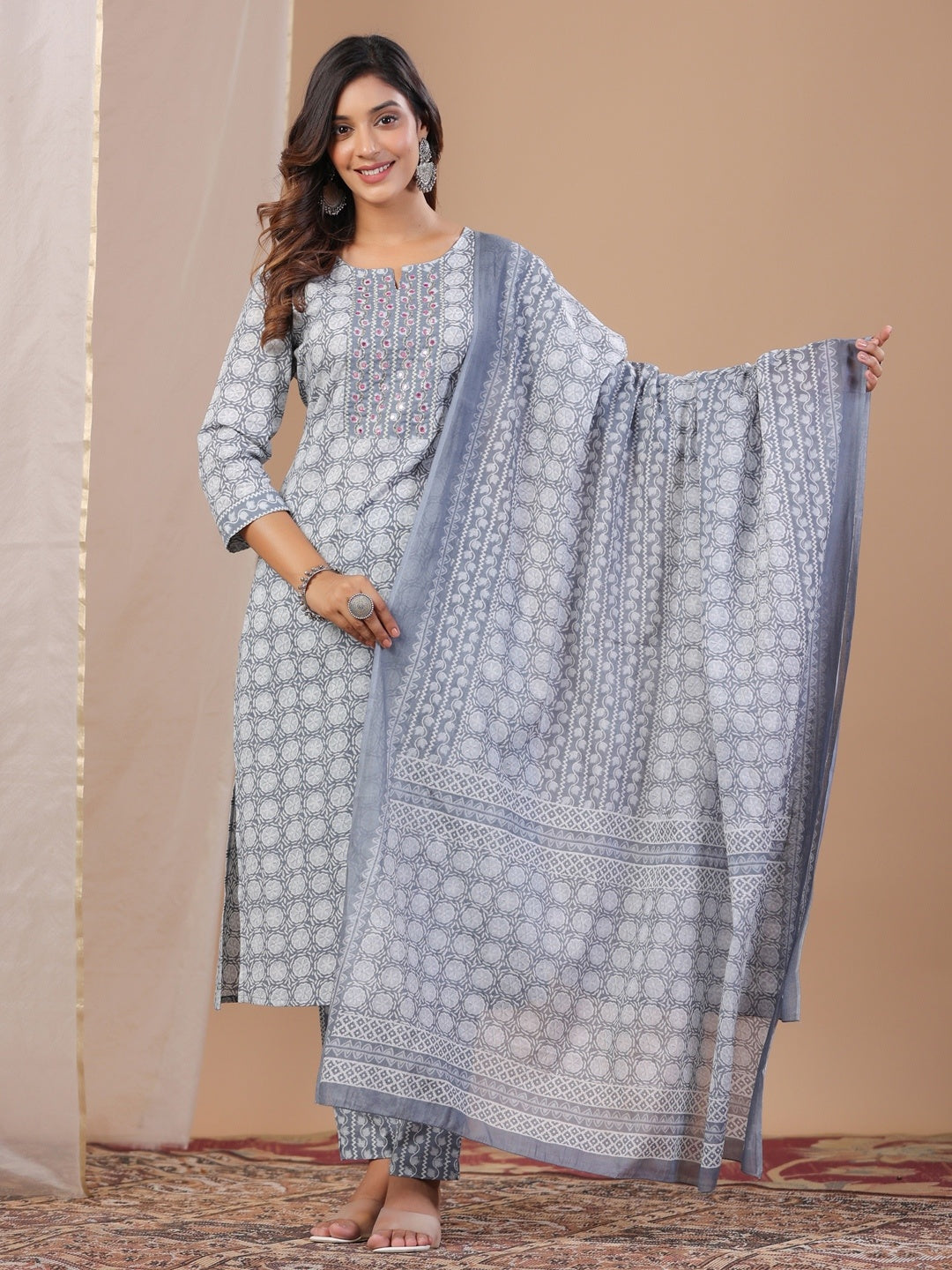 Women Grey Ethnic Motifs Printed Beads And Stones Pure Cotton Kurta With Trousers & With Dupatta