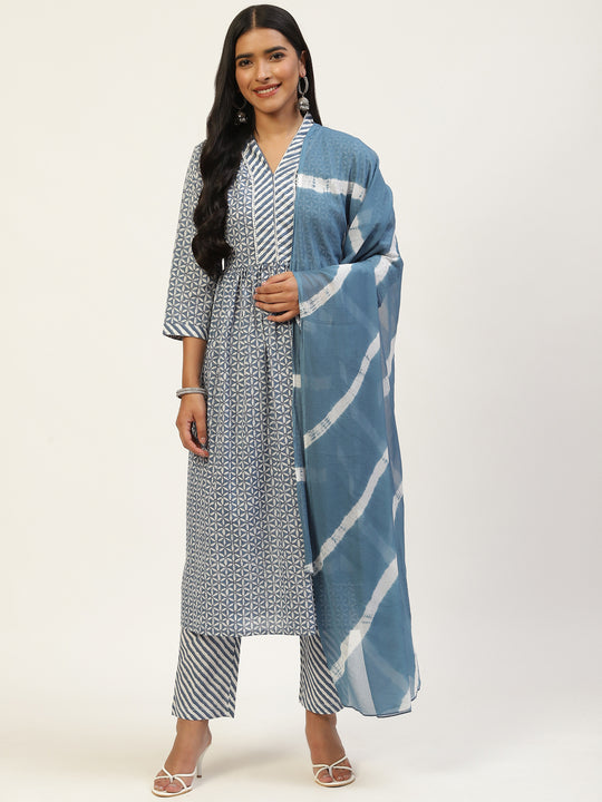 Blue Pure Cotton Floral Printed V-Neck Kurta Set with Dupatta