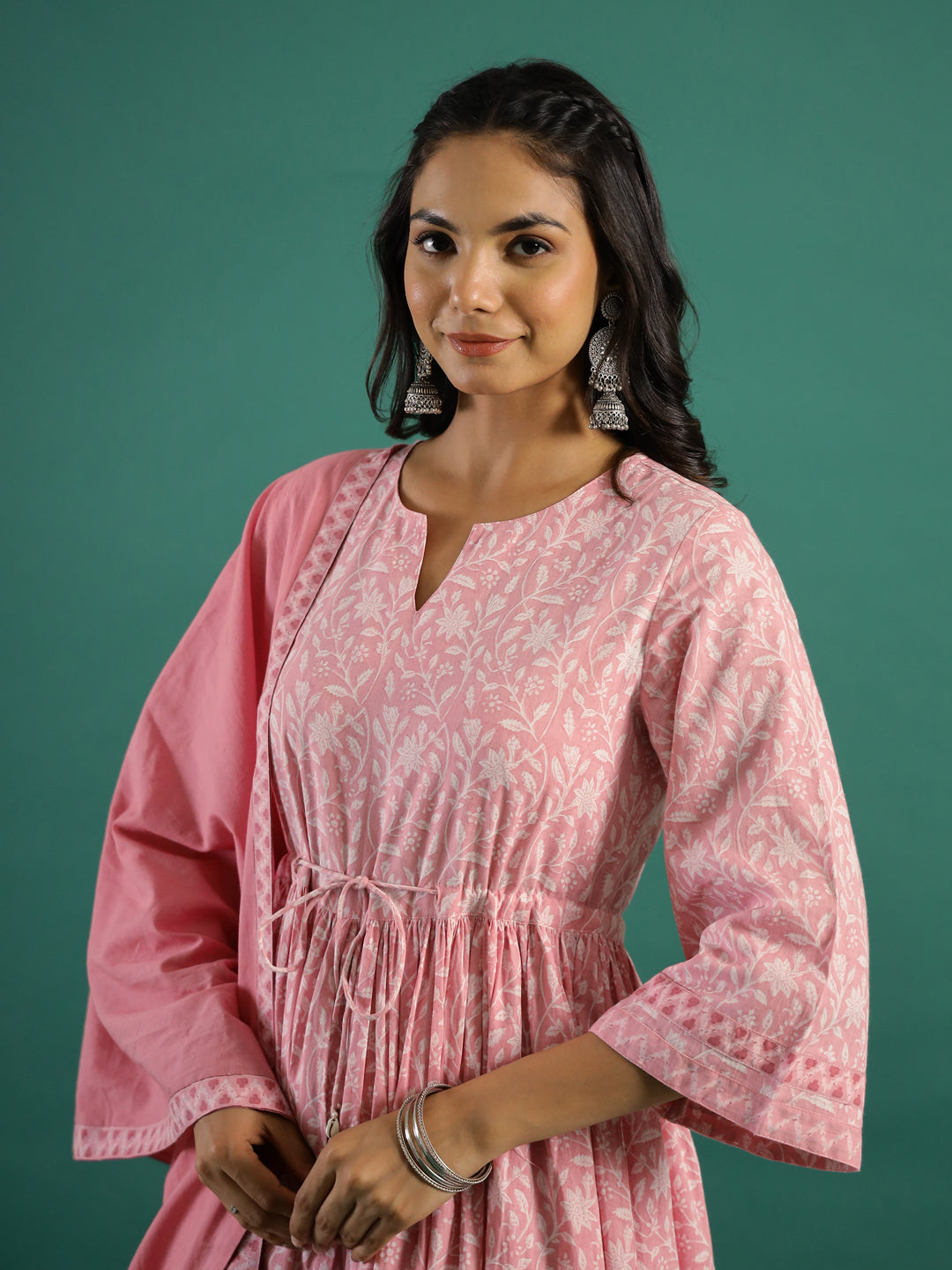 Pink Floral Printed Cotton Kurta With Dupatta