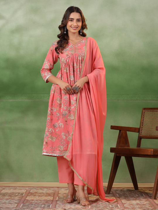 Peach V-Neck Pure Cotton Kurta Set with Dupatta for Women