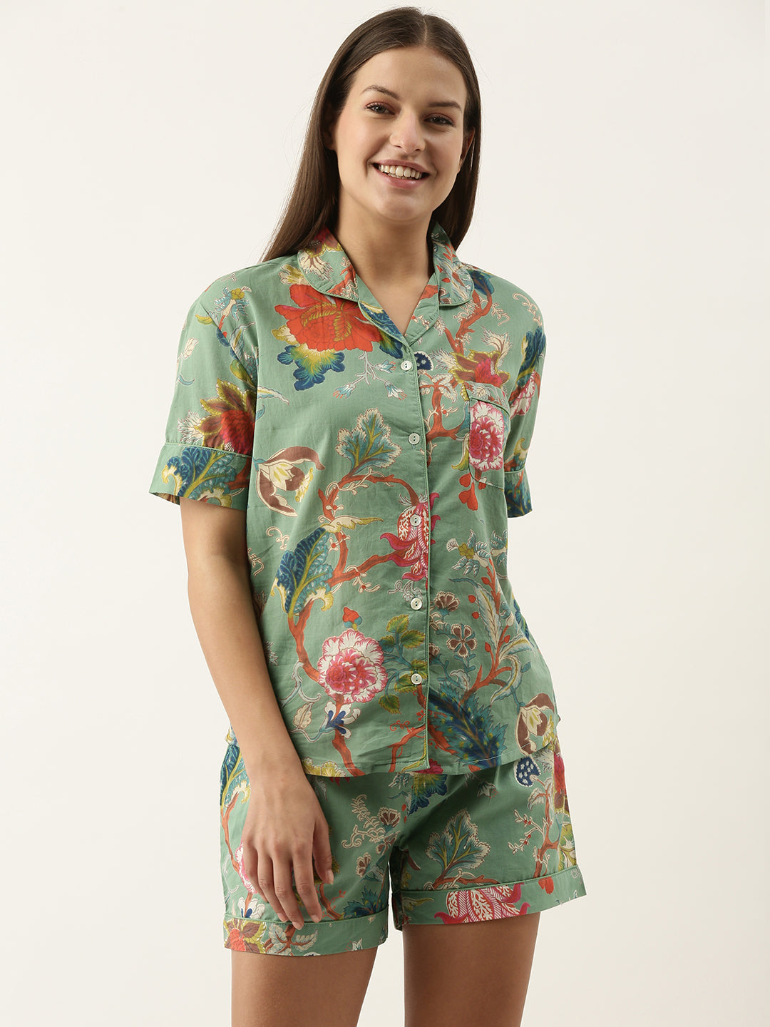 Green Cotton Printed Night Suit Set