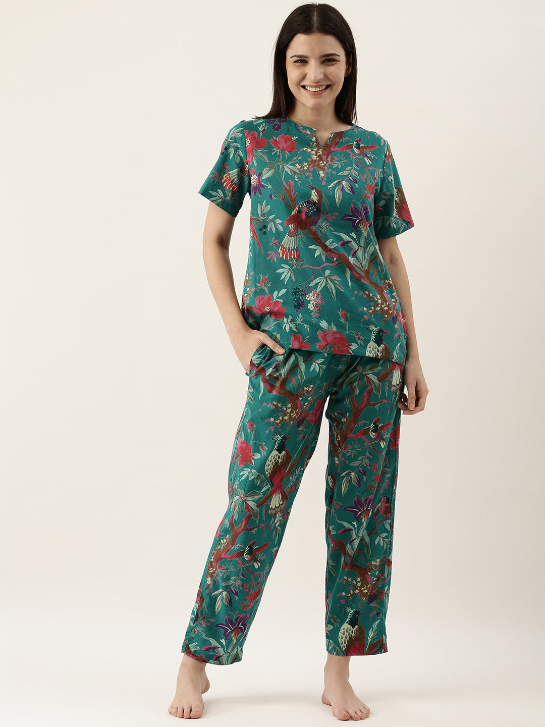 Teal Green Floral Round Neck Cotton Night Suit Set For Women