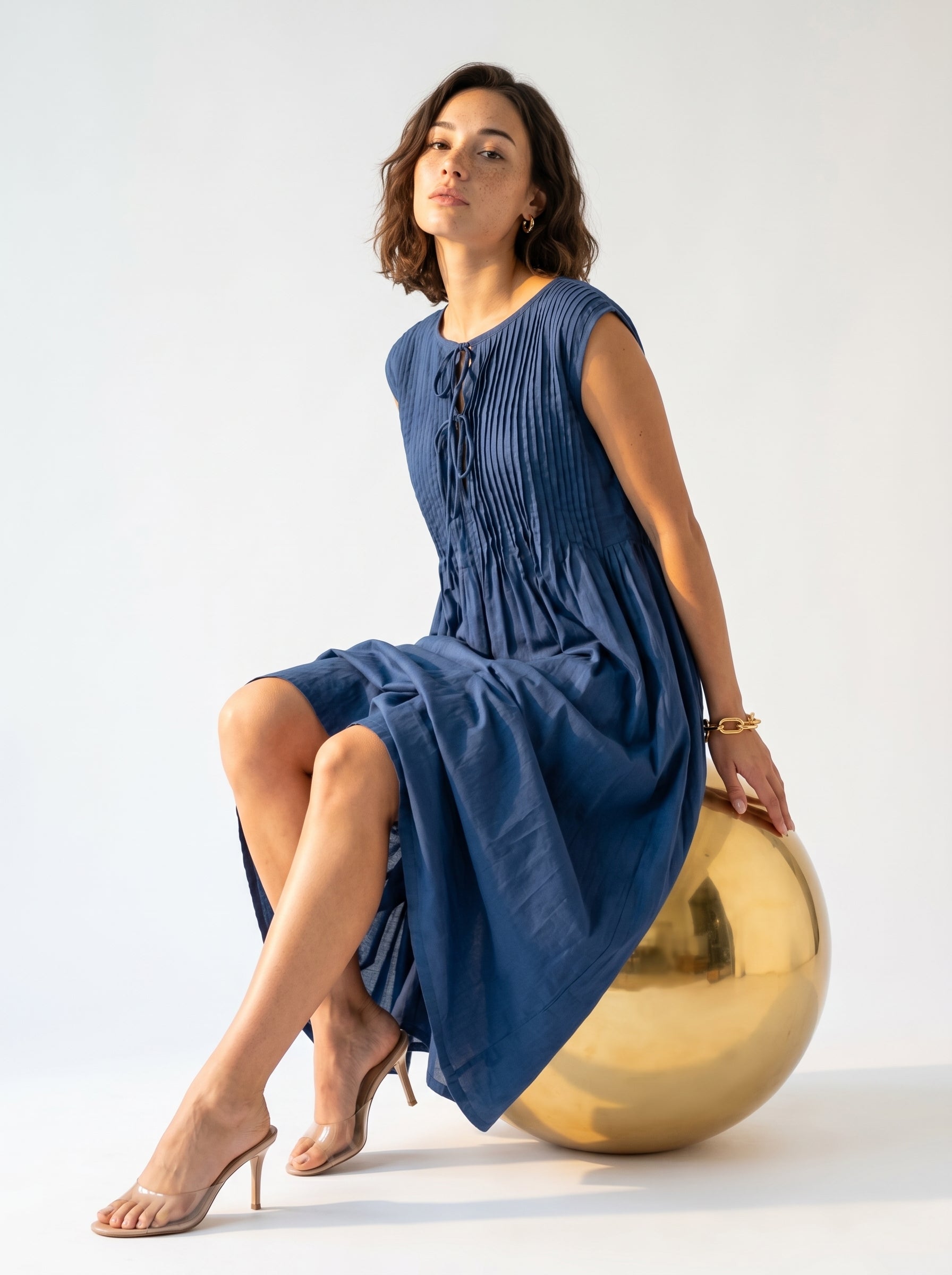 Navy Blue Solid Round Neck Flared Cotton Dress For Women