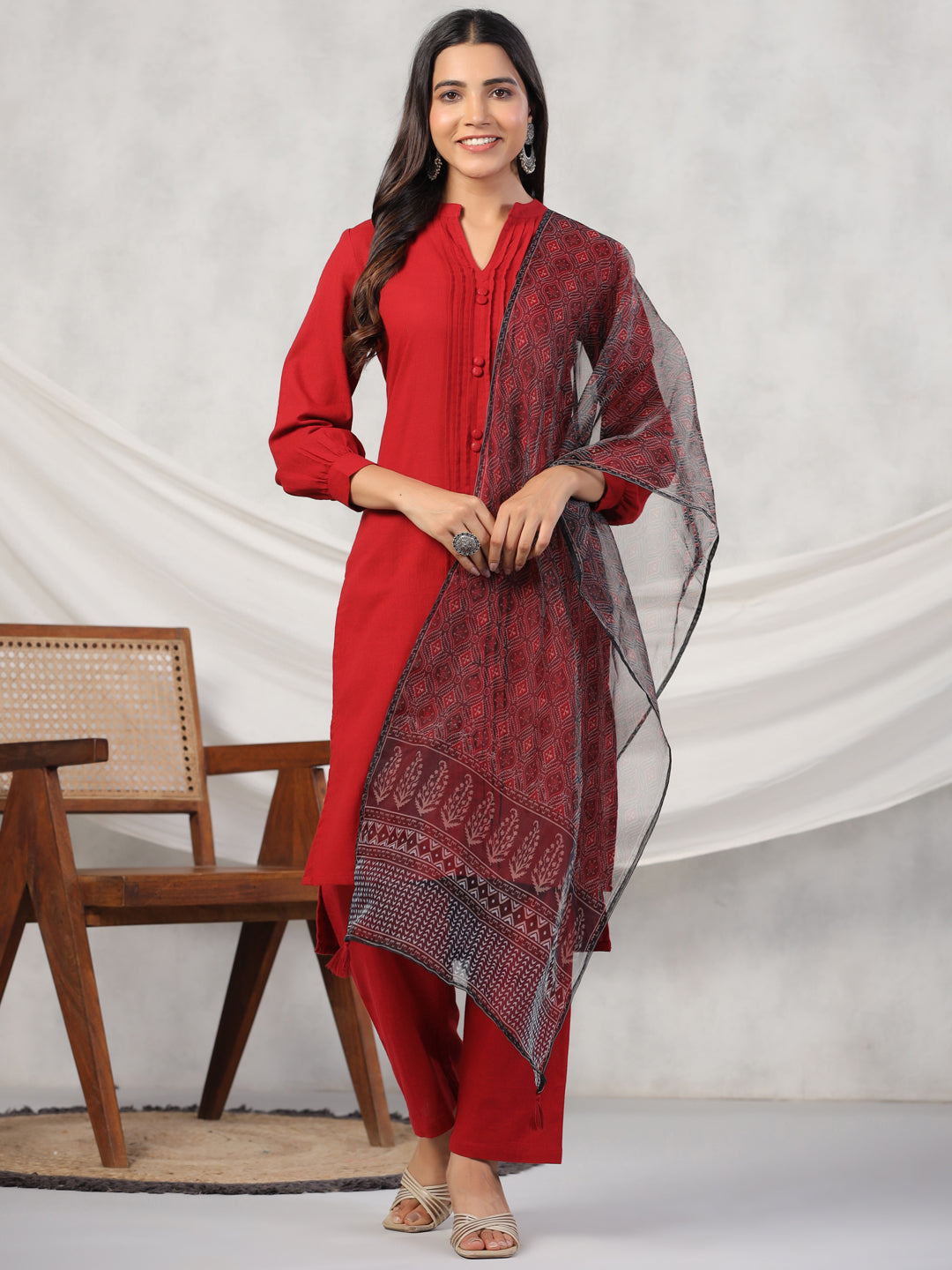 Women Pure Cotton Kurta Set With Orgenza Dupatta